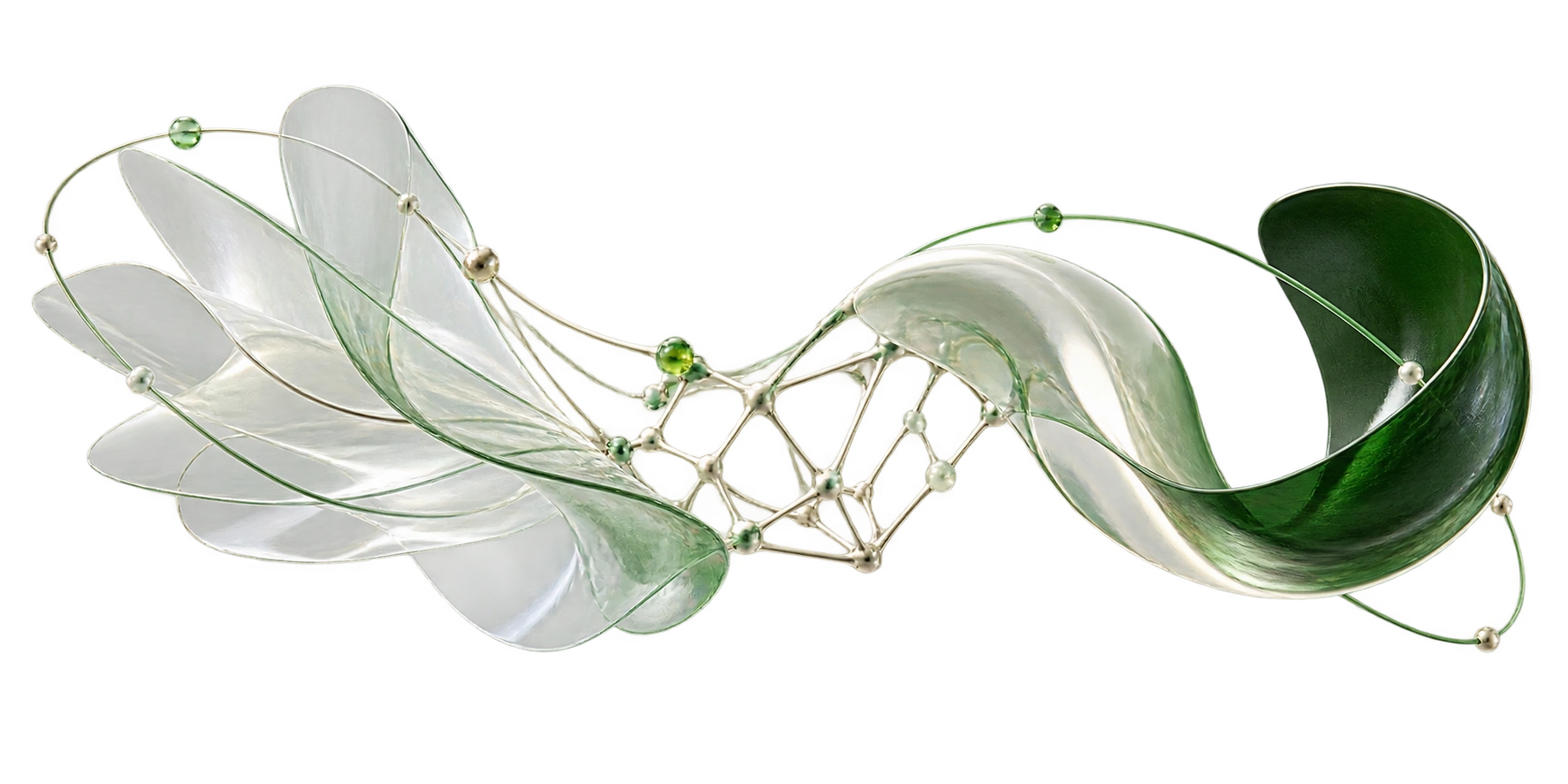 Composizione astratta di membrane, reticoli e forme in evoluzione che evoca un processo manifatturiero integrato.