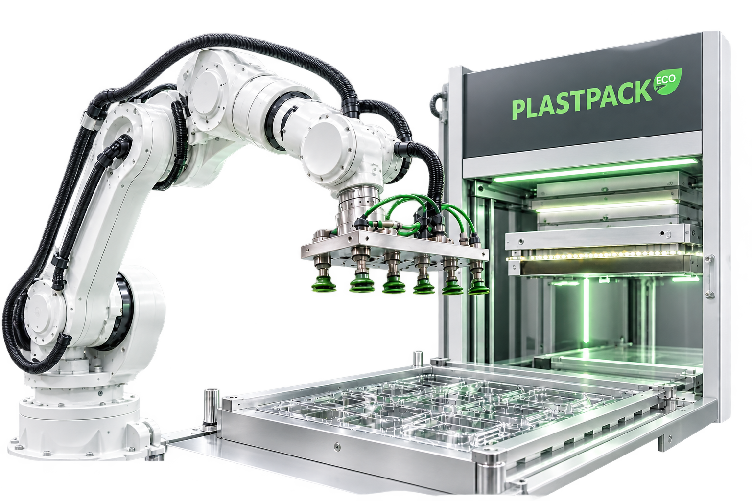 Braccio robotico automatizzato nella linea di produzione Plastpack.